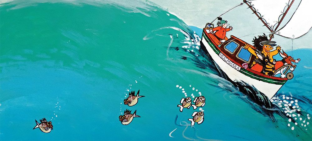 Illustration for Bite and Mackay on their first sailing adventure! by Cathel Hutchison